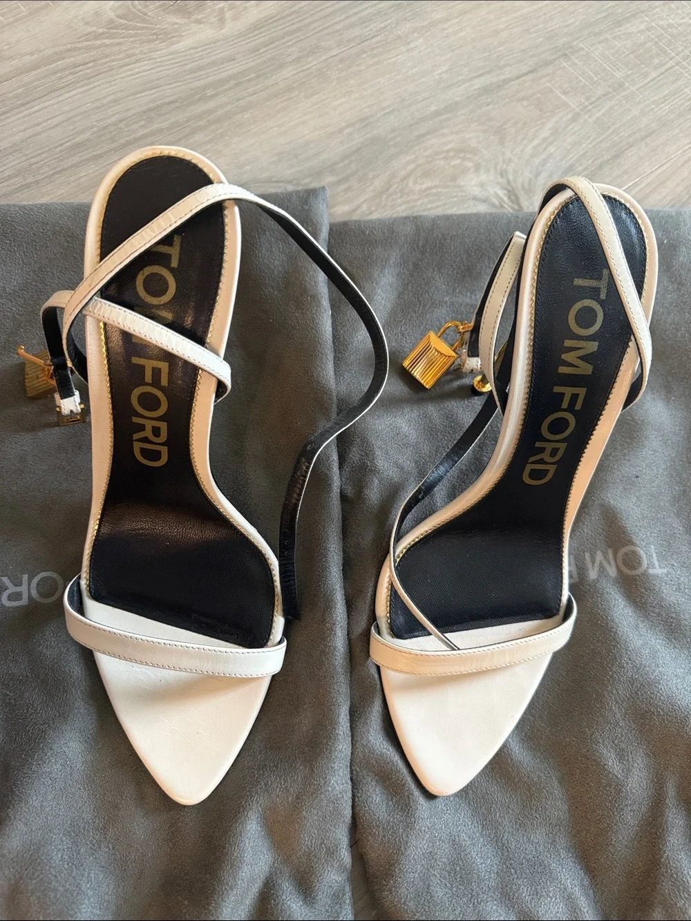 Tom Ford Black and White Leather Strappy Pointed-Toe Heels